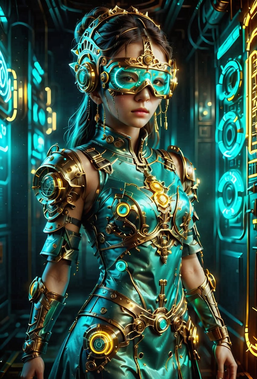 masterpiece, full_body, cyborg girl, wearing futuristic steampunk cyan and gold dress with (((glowing cyan neon blindmask))) on her eyes, BREAK dressed in a futuristic steampunk, futuristic, Rembrandt lighting, Octane render, Artstation, highly detailed, wide-angle lens, hyper realistic, with dramatic polarizing filter, vivid colors, sharp focus, 64K, 16mm, color graded portra 400 film, remarkable color, ultra realistic, bl1ndm5k,cyberpunk style, (dinamic_pose),