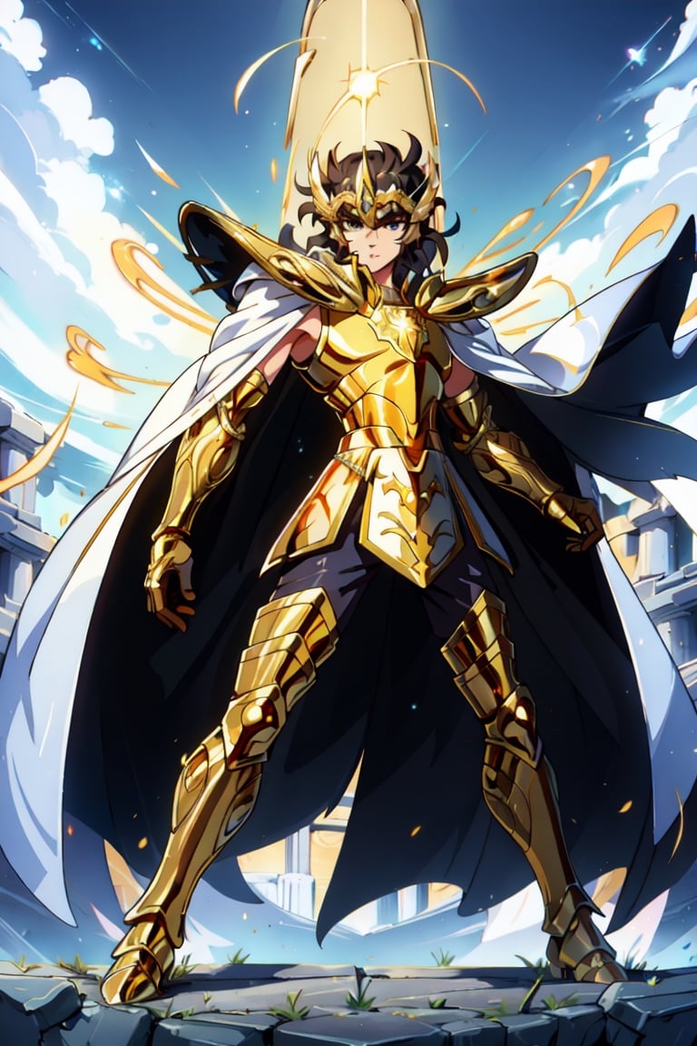 absurdres, highres, ultra detailed,Insane detail in face,  (boy:1.3), Gold Saint, Saint Seiya Style, (((Gold Armor))), Full body armor, no helmet, Zodiac Knights, (((white long cape))), black hair, Asian Fighting style pose,Pokemon Gotcha Style, gold gloves, long hair, long white cape, messy_hair, black eyes, black pants under armor, full body armor, beautiful old greek temple in the background, beautiful fields, full leg armor,FUJI,midjourney, battle_stance,4rmorbre4k