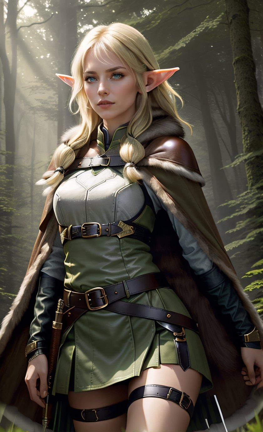 Photorealistic image ((Masterpiece)), ((high quality)) UHD 8K, of a beautiful girl, Viking elf warrior, thin, tall, (long elf ears), (medium chest), (thin waist), (hair long blonde), (deep blue eyes), ((Leather armor with short green skirt and intricate details, Various belts at waist), (Arrow holster at waist), ((fur cape)), (in the forest), Natural lighting, professional DSLR camera,high_elf_archer