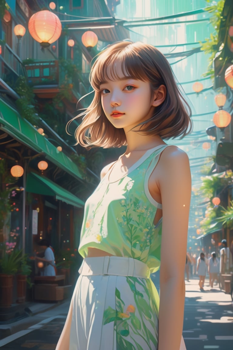 midsummer girl, asian gir, 16 years old,minimalist, Art Nouveau, Detailed Painting, street level view, Motion graphics, Flat, sprite sheet, multicoloured colors, Green Academia, lens flare lighting, High quality,cutegirlmix,xxmix_girl,greg rutkowski,lalalalisa_m