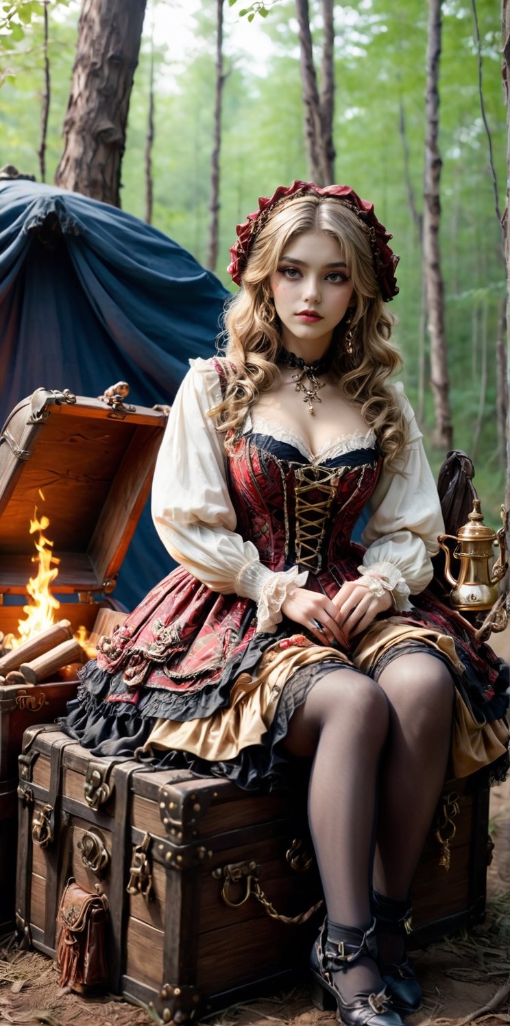 An artistic vision of a young alluring and hot witch dressed in pirate Lolita style.  She is sitting on a trunk in a bivouac by a campfire in the middle of the forest. Treasure chest, travel bags, a kettle, wine bottles, goblets, gold bars, kerosene lamp lies around. Her dress is embroidered in red flower patterns and adorned with white lace and bows. Blue hour. Intricately detailed. Masterpiece. Close-up shot. Cluttered maximalism. 64k, Ultra dynamic range. High angle. Haunting atmosphere. 