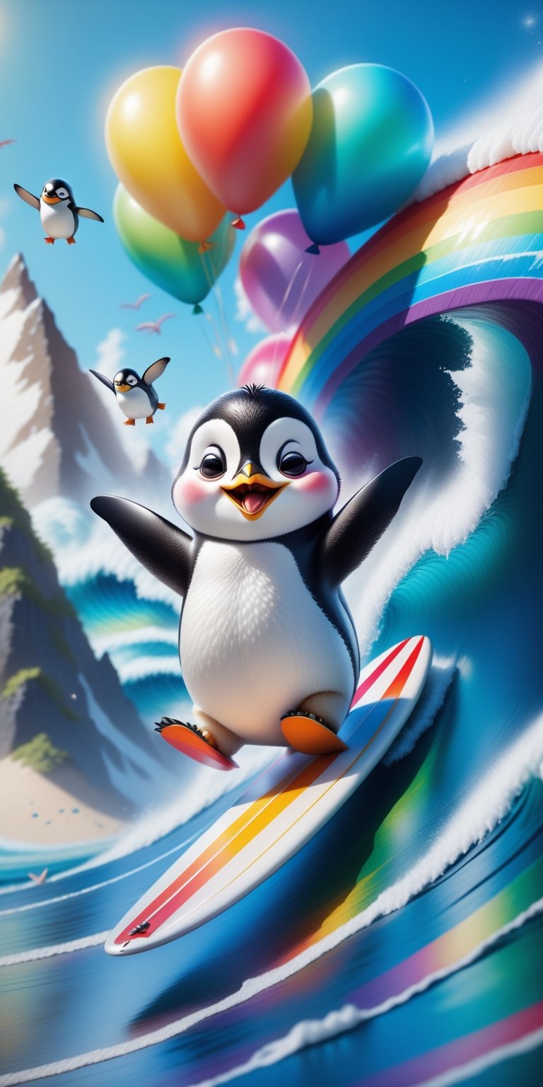 Design a whimsical scene where an adventurous penguin is surfing on a rainbow wave while wearing sunglasses. Add a flock of cheerful, balloon-carrying turtles cheering in the background. Make it a burst of joy and color that spreads smiles  (3d, cute, chibi style), ((perfect high detailed image))