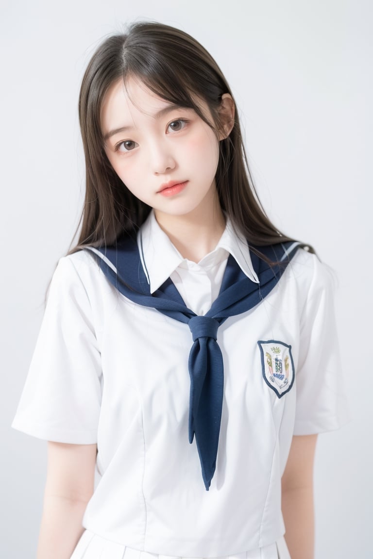 1girl, school uniform, blush,1 girl, ((((only wear white school uniform)))), simple background