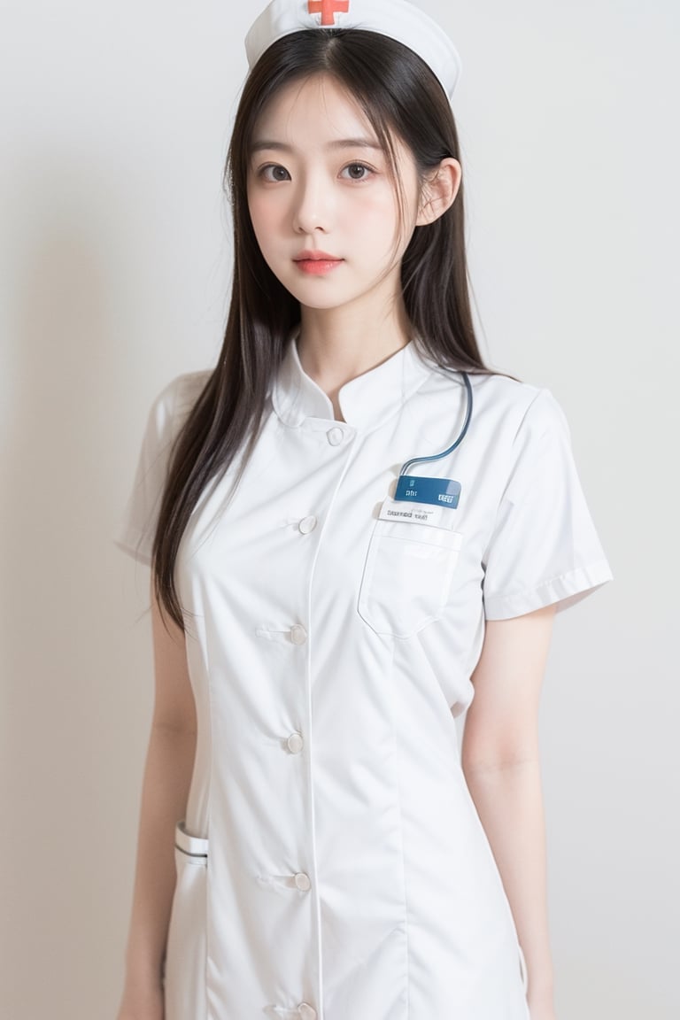 1girl, nurse uniform, blush,1 girl, ((((only wear white nurse uniform)))), simple background