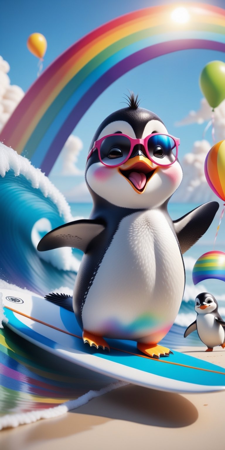 Design a whimsical scene where an adventurous penguin is surfing on a rainbow wave while wearing sunglasses. Add a flock of cheerful, balloon-carrying turtles cheering in the background. Make it a burst of joy and color that spreads smiles  (3d, cute, chibi style), ((perfect high detailed image))