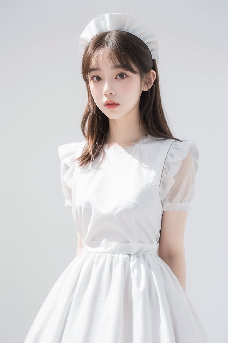 1girl, maid_dress, blush,iu,1 girl,jennie,jennie blackpink, ((((only wear white maid_dress)))), simple background