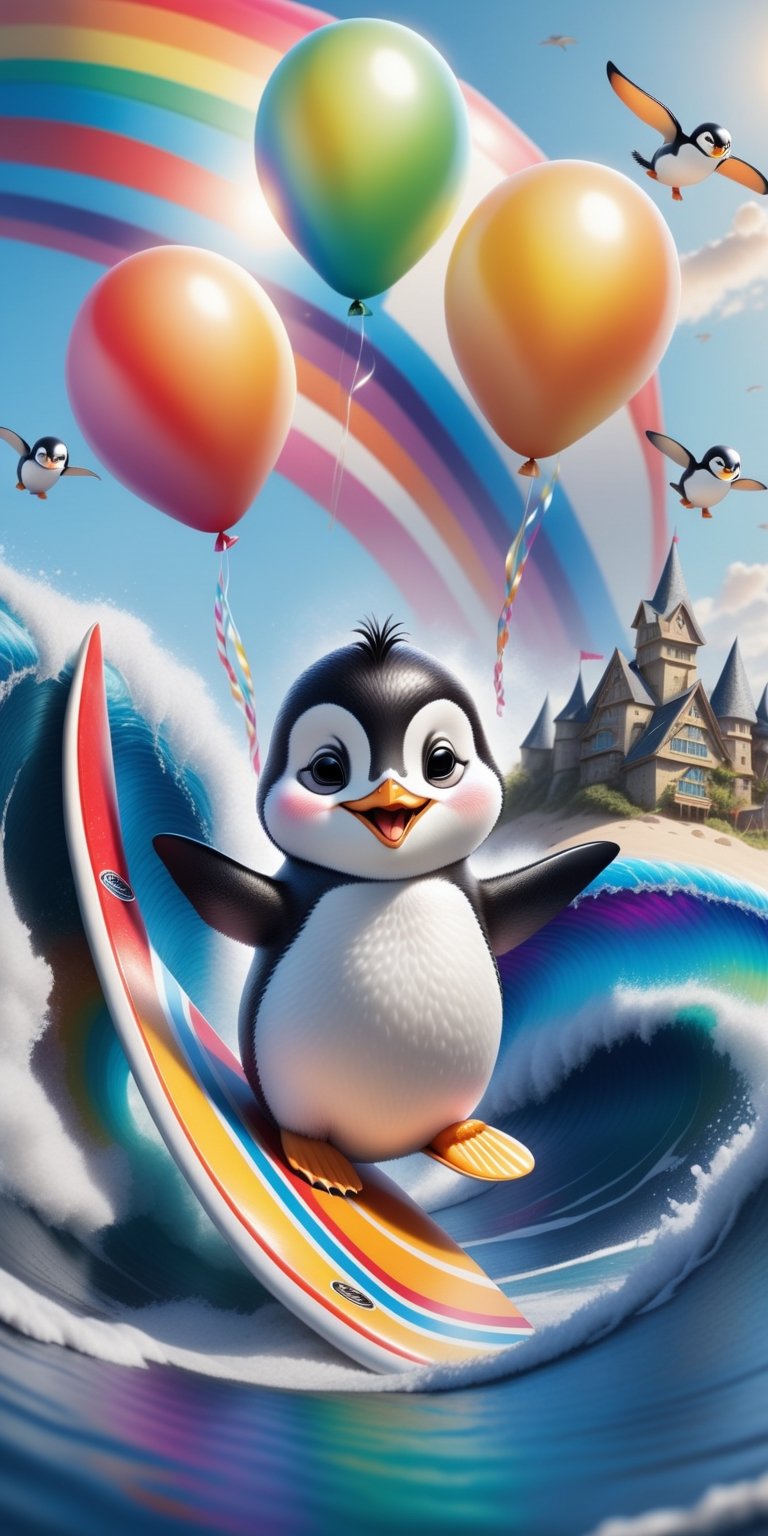 Design a whimsical scene where an adventurous penguin is surfing on a rainbow wave while wearing sunglasses. Add a flock of cheerful, balloon-carrying turtles cheering in the background. Make it a burst of joy and color that spreads smiles  (3d, cute, chibi style), ((perfect high detailed image))