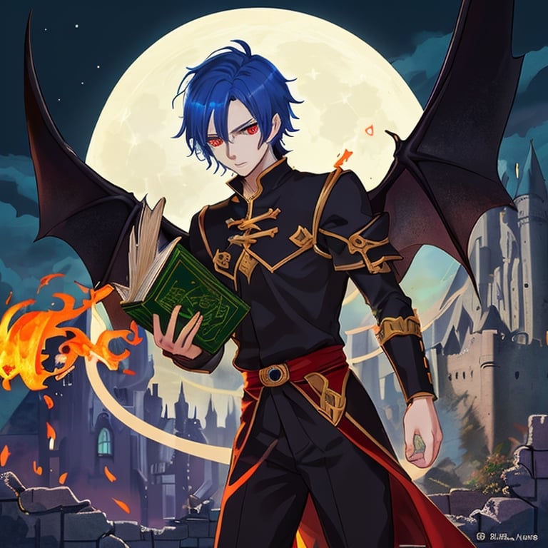 young male demon, handsome, red eyes, blue hair, fire all over the body, carrying a magical book, in the castle ruins, winged, light of darkness, moon, anime