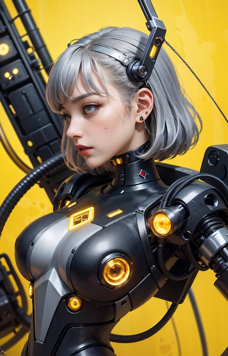 Profile picture, in front of a yellow wall, a disembodied Asian cyborg woman, dynamic pose, connected by cables, twisted cables and wires and LEDs, bodypunk PLC robot with attractive eyes, silver motor head, with ray gun, 80 degree field of view, art: Sergio Lopez, Natalie Schau, James Jean, Salvador Dali, (yellow background: 1.5)