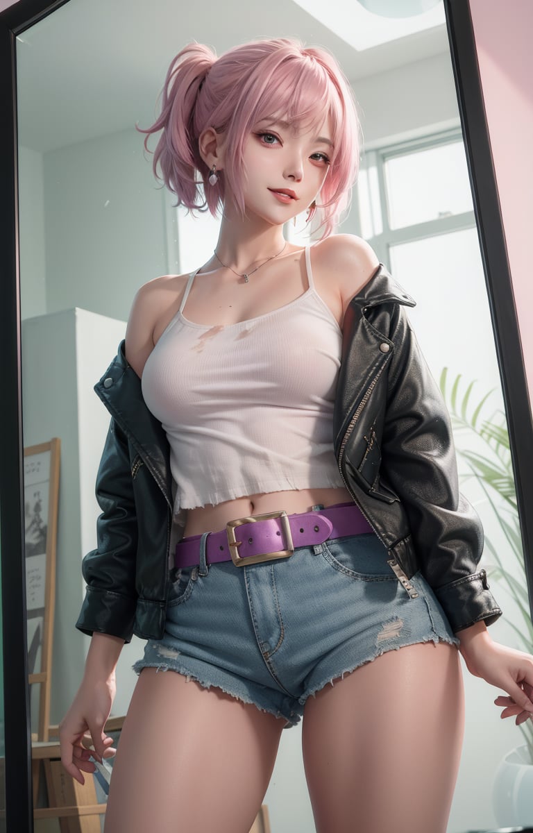 (masterpiece, raw photo, real, one girl, solo, real,) :1.4), Plano General, above the thigh, girl of a young age, K-pop girl with faded cut dark pink hair and a white earring in her right ear, open leather jacket with a dark blue shirt, nice smile, ripped black shorts and a belt with a big buckle, painting background, pop star, he has a messy pink emo hairstyle. He has an overall normal putt putt troll look. , (pink and dark glass broken glass mirror background), cyan, magenta, yellow green, violet, cyber blue moon, neighbor girl, girl, beautiful legs,BOTTOM VIEW,鄰家女孩,女孩