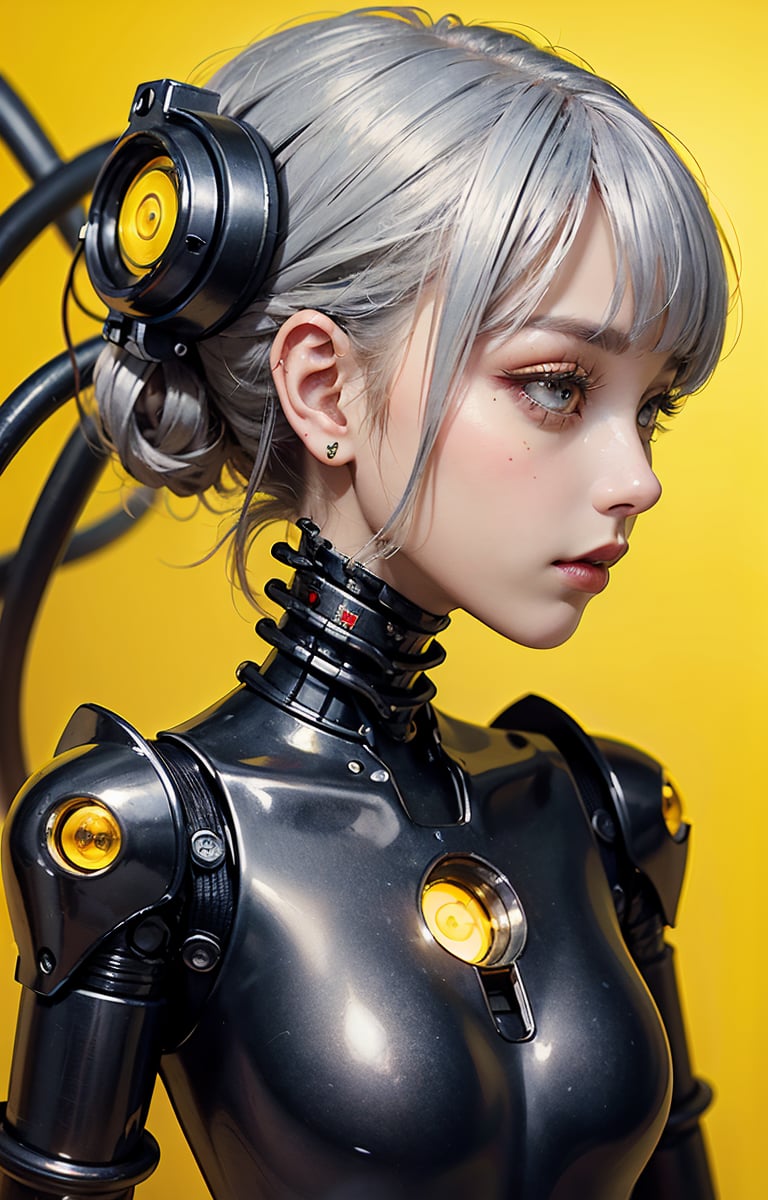 profile photo, in front of the yellow wall, Asian cyborg woman without body, connected by cable, Twisted cable and wire and LED, Charming eyes bodypunk PLC robot、silver motor head, with ray gun, 80 degree field of view, art by：sergio lopez, natalie shau, James Jean and Salvador Dali, (Yellow background:1.5)