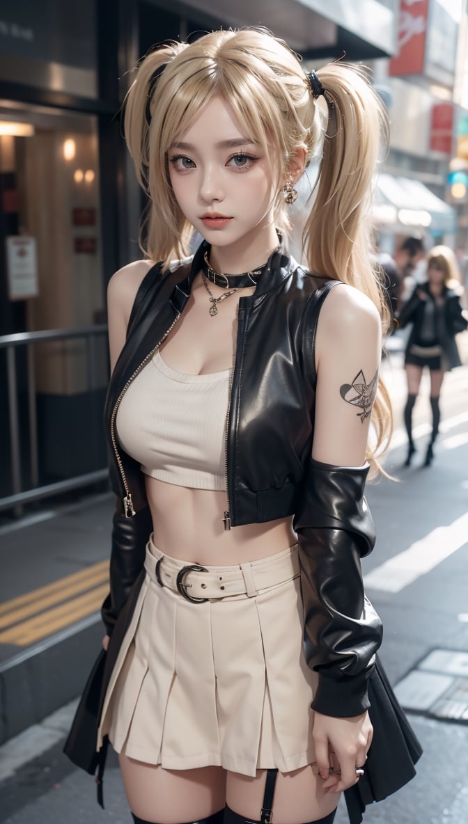 1 girl, solo, chest, looking at viewer, skirt, thigh-high socks, belly button, twintails, jewelry, blonde hair,White　 jacket, blonde hair, multicolored hair, pleated skirt, earrings, outdoor, abdomen, belt, black thigh-highs, necklace , manicure, collar, open jacket, striped hair, black jacket, tattoo, chain, garter strap, earrings, ring, ear piercing, black nails, realistic, leather,a photo of snha woman