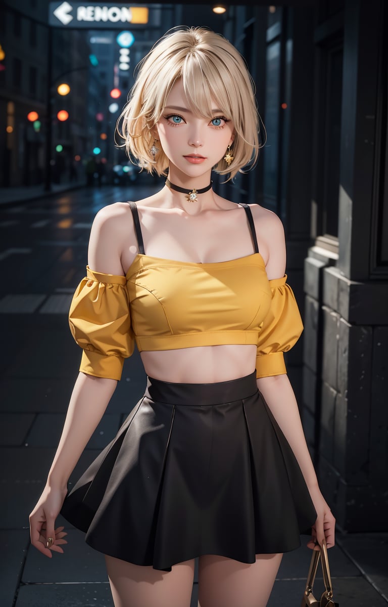 (masterpiece, best quality, one girl, solo, exquisite details, chromatic aberration, realistic,) :1.4), yellow eyes, earrings, piercing eyes, choker, neon shirt, camisole, crop top, (symmetrical eyes), (perfect symmetrical body), live house entrance, look at the viewer, 2b, beautiful legs, school uniform, cyber blue moon, lvdress