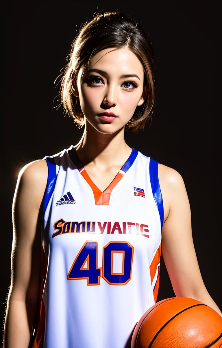 Top quality, masterpiece, super high resolution, (photorealistic:1.5), raw photo, one girl, basketball uniform, deep shadow, low key, cold light, sexy look, short hair, beautiful eyes, Japanese hime cut style, AliceMadness, Blake,basketball uniform