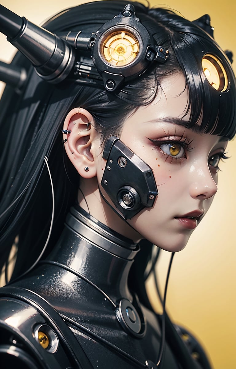 profile photo, in front of the yellow wall, Asian cyborg woman without body, connected by cable, Twisted cable and wire and LED, Charming eyes bodypunk PLC robot、silver motor head, with ray gun, 80 degree field of view, art by：sergio lopez, natalie shau, James Jean and Salvador Dali, (Yellow background:1.5)