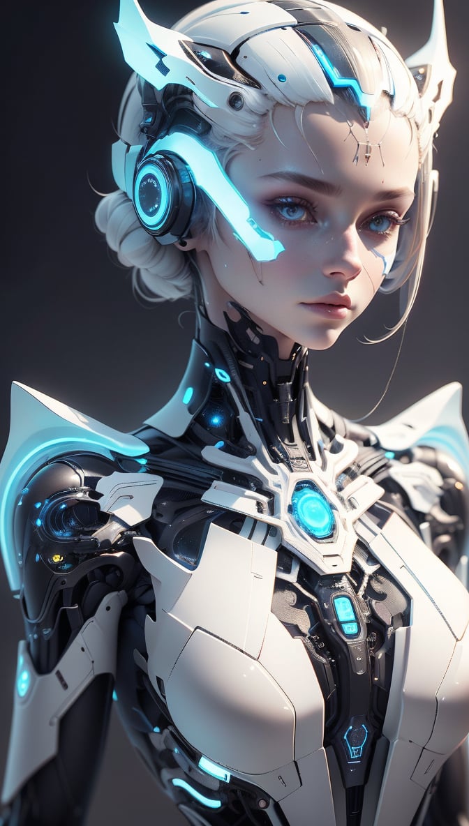 Every detail is exquisitely crafted, with meticulous light and shadow processing, creating an extraordinary sci-fi texture. , The image of a half-machine, half-human character, the sci-fi headset and facial contour, and the integration of blue luminous bodies, complex structure, intricate details, geometric shapes, neon colors, electronic sounds, digital elements, abstract graphics, web, data interaction, virtual reality (skin glow), The simple and atmospheric color scheme, focusing on the main character, creates a solemn and calm atmosphere, transparent texture and highly luminous body elements. , Strong futuristic and sci-fi elements, transparent texture, geometric lines and minimalist shapes, masterpiece, top quality, , Masterpiece, top quality, aesthetic and absurd,futubot,nanotech