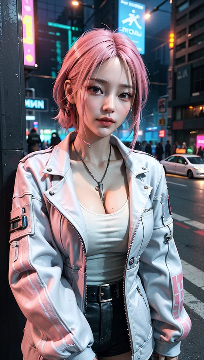 ((Best Quality)), ((Excellent)), (Very Detailed: 1.3), 3D, Beautiful (Cyberpunk: 1.3) A hacker woman with pink dyed hair and wearing white clothes looking into the camera, a gunslinger woman, a cyberpunk pistol,