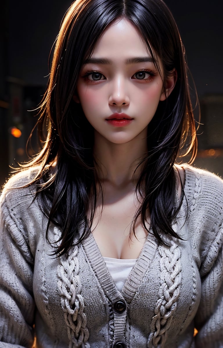 Beautiful girl with realistic black eyes, white skin, medium length black hair, perfect face, perfect eyes, wearing a spring colored cardigan, highly detailed, comprehensive movie, digital painting, 8K , cinematic lighting, top quality, high resolution, great work, post-processing, perfect results, surreal, minji