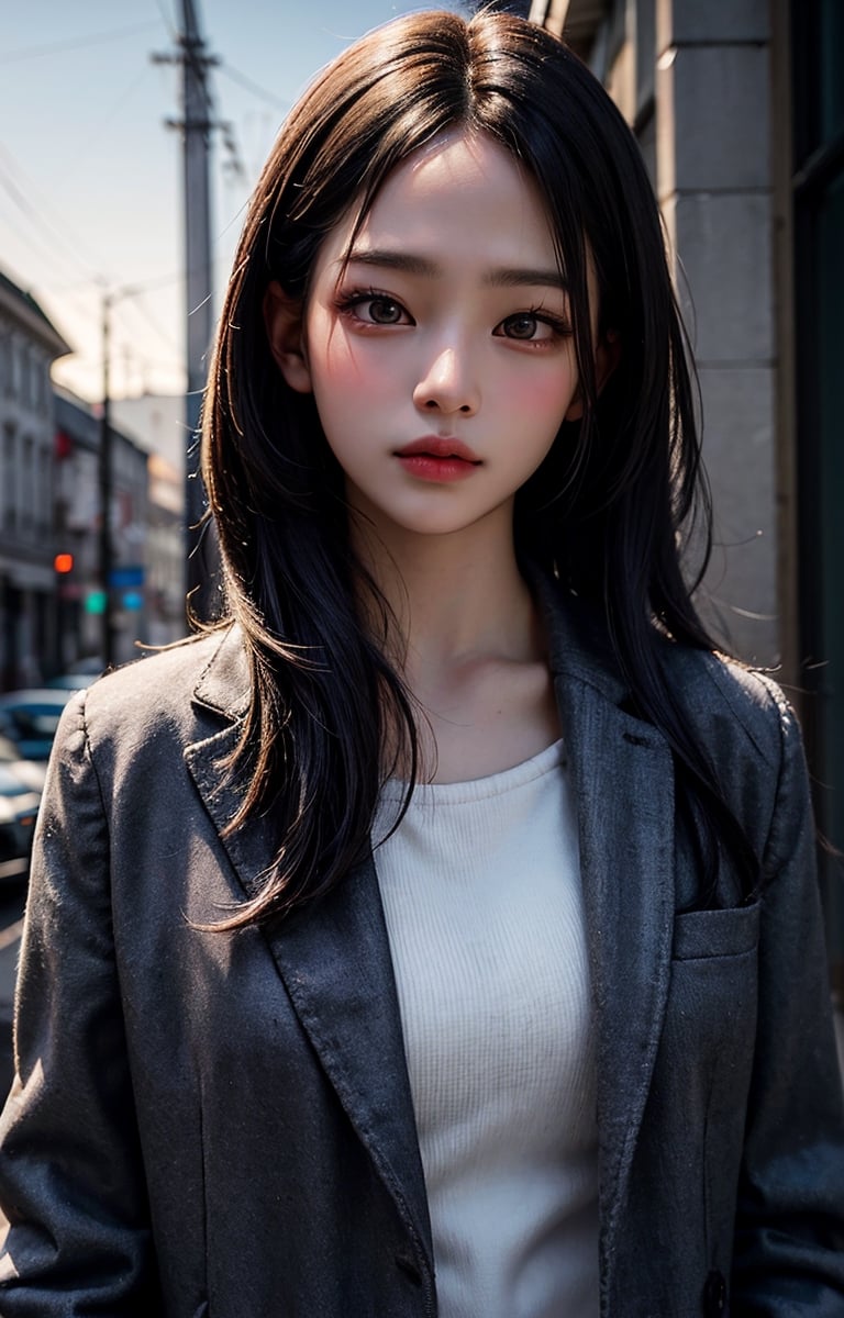 Beautiful girl with realistic black eyes, pale skin, medium length black hair, perfect face, perfect eyes, wearing a coat, very detailed, comprehensive movie, digital painting, 8K, cinematic lighting, highest quality, High resolution, great work, Post-processing, perfect result, surreal
,minji