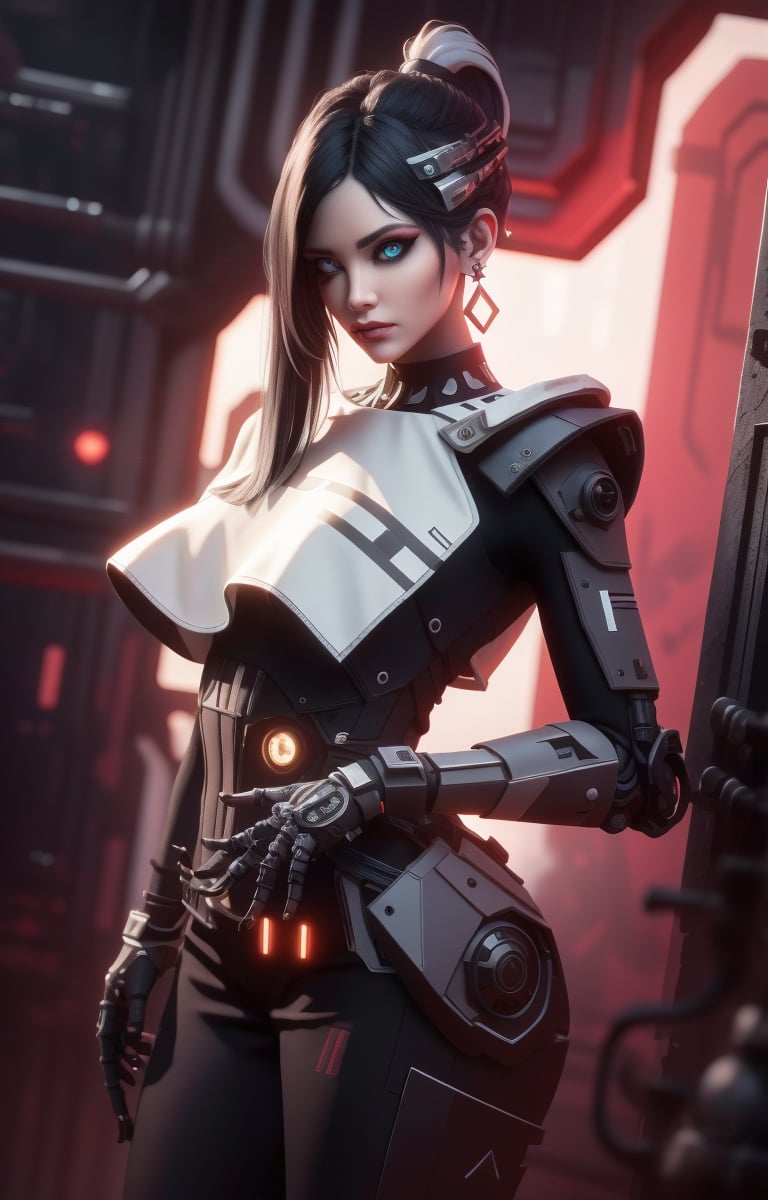 (Masterpiece, Best Quality, 1 Girl, Solo, Intricate Details, Chromatic Aberration), Real,, 2bTheEmpireStyle, White, White Cyborg Fashion Shot, Punk Warrior, ((Sigh)), (Sad Smile: 0.6), Long Hair, Black Hair , white headdress, pearl highlights, hair on one eye, yellow eyes, earrings, sharp eyes, , (symmetrical eyes), (perfectly symmetrical body), by the wall, fractal decoration staring at the viewer, Unreal Engine, ArtStation In trend, high-tech plastic,TheEmpireStyle,Maria