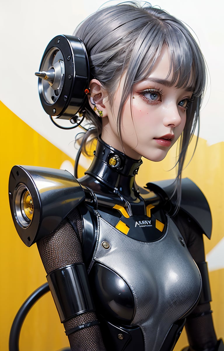 profile photo, in front of the yellow wall, Asian cyborg woman without body, connected by cable, Twisted cable and wire and LED, Charming eyes bodypunk PLC robot、silver motor head, with ray gun, 80 degree field of view, art by：sergio lopez, natalie shau, James Jean and Salvador Dali, (Yellow background:1.5)