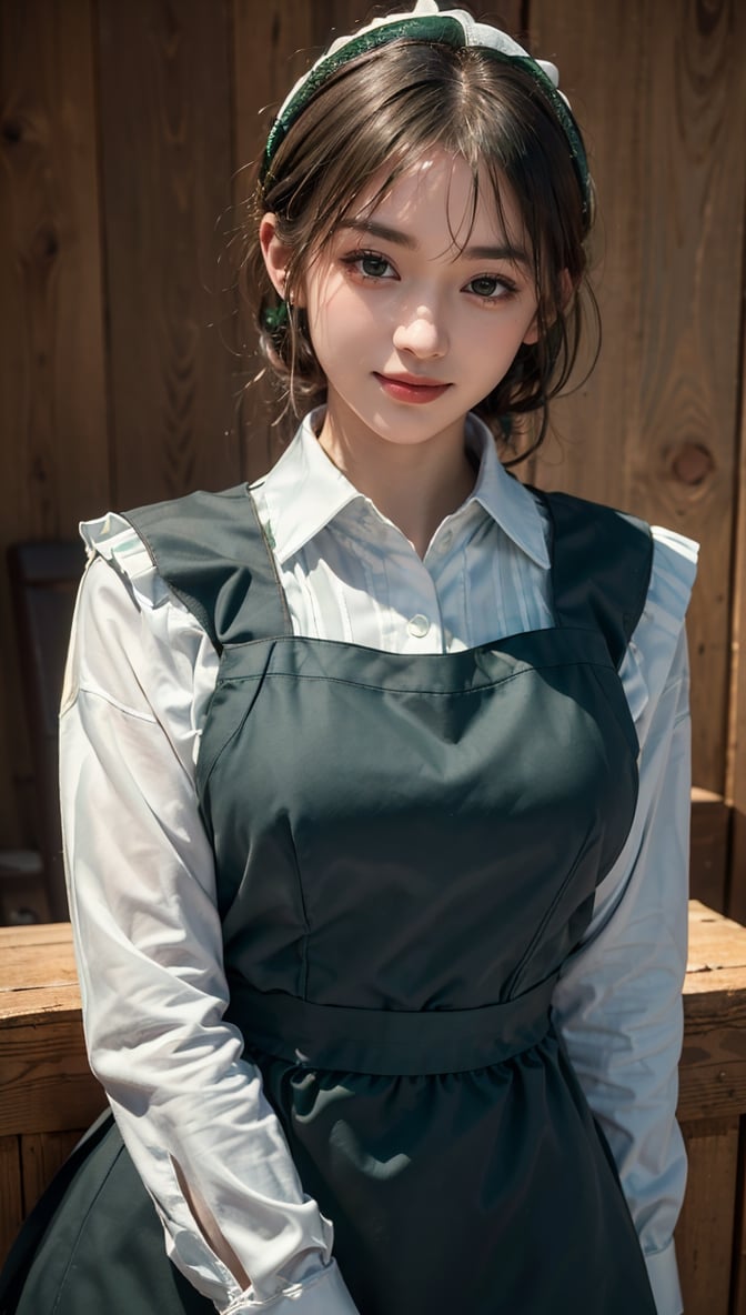 ((Top Quality, 8K, Masterpiece)), Highly Detailed, Sharp Focus, One Beautiful Woman, ((Deep Green Polar Apron: 1.4)), (Upstyle: 1.4), (Simple Collared Shirt: 1.4), Very detailed face and skin texture, ((fine grain)), ((beautiful dark eyes: 1.4)), (smile: 1.15), (mouth closed), cafe, cute girl