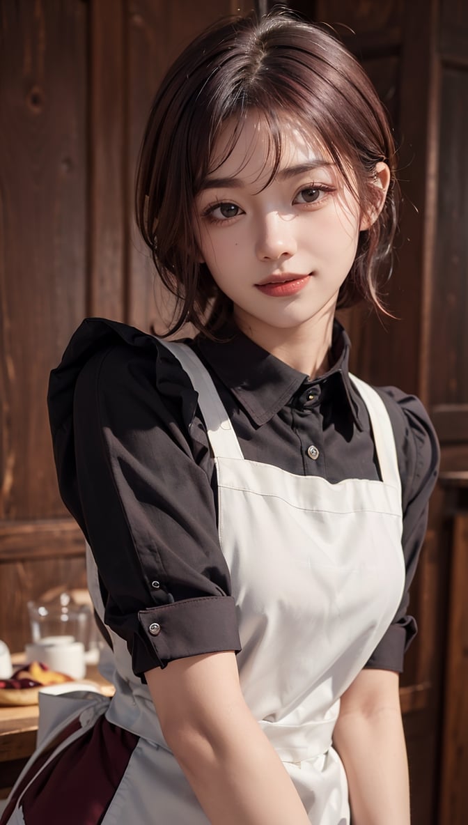 ((Top Quality, 8K, Masterpiece)), Highly Detailed, Sharp Focus, One Beautiful Woman, ((Maroon Polar Apron: 1.4)), (Upstyle: 1.4), (Simple Collared Shirt : 1.4), very detailed face and skin texture, ((fine grain)), ((beautiful black eyes: 1.4)), (smile: 1.15), (mouth closed), cafe, cute girl