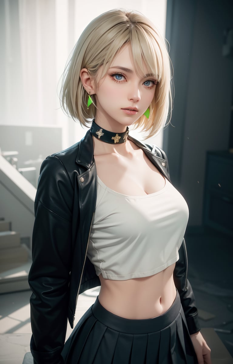 (Masterpiece, Best Quality, 1 Girl, Solo, Intricate Details, Chromatic Aberration, Realistic,) :1.4), yellow eyes, earrings, sharp eyes, choker, neon shirt, open jacket, crop top, (symmetrical eyes), (perfect symmetrical body), live house entrance, look at the viewer, 2b,beautylegs,school uniform ,CyberBlueMoon,lvdress