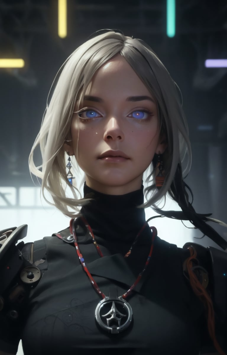 Futuristic, mechanical, high-tech, black-and-white-gray, metallic, streamlined, complex construction, intricate details, geometric shapes, neon colors, electronic sound, digital elements, abstract graphics, the web, data interaction, virtual reality (Skin radiance), (Highly detailed skin with visible pores), (Gorgeous decoration: 1.2), (Colored eyes: 1.3), clean. Beautiful face. masterpieces, (((((Supreme Works of art))))), award-winning works, award-winning works of art, intricate details, attention to detail, cinematic effects, cinematic sensations, surrealism, award-winning portraits, realistic design for photo quality, (ultra high resolution, best quality, reality) , Complex composition,Cyber_Shaman,yorha type a no. 2,very long hair, blue eyes, white hair, robot joints, android