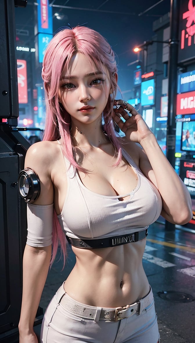 ((Best Quality)), ((Excellent)), (Very Detailed: 1.3), 3D, Beautiful (Cyberpunk: 1.3) A hacker woman with pink dyed hair and wearing white clothes looking into the camera, a gunslinger woman, a cyberpunk pistol,