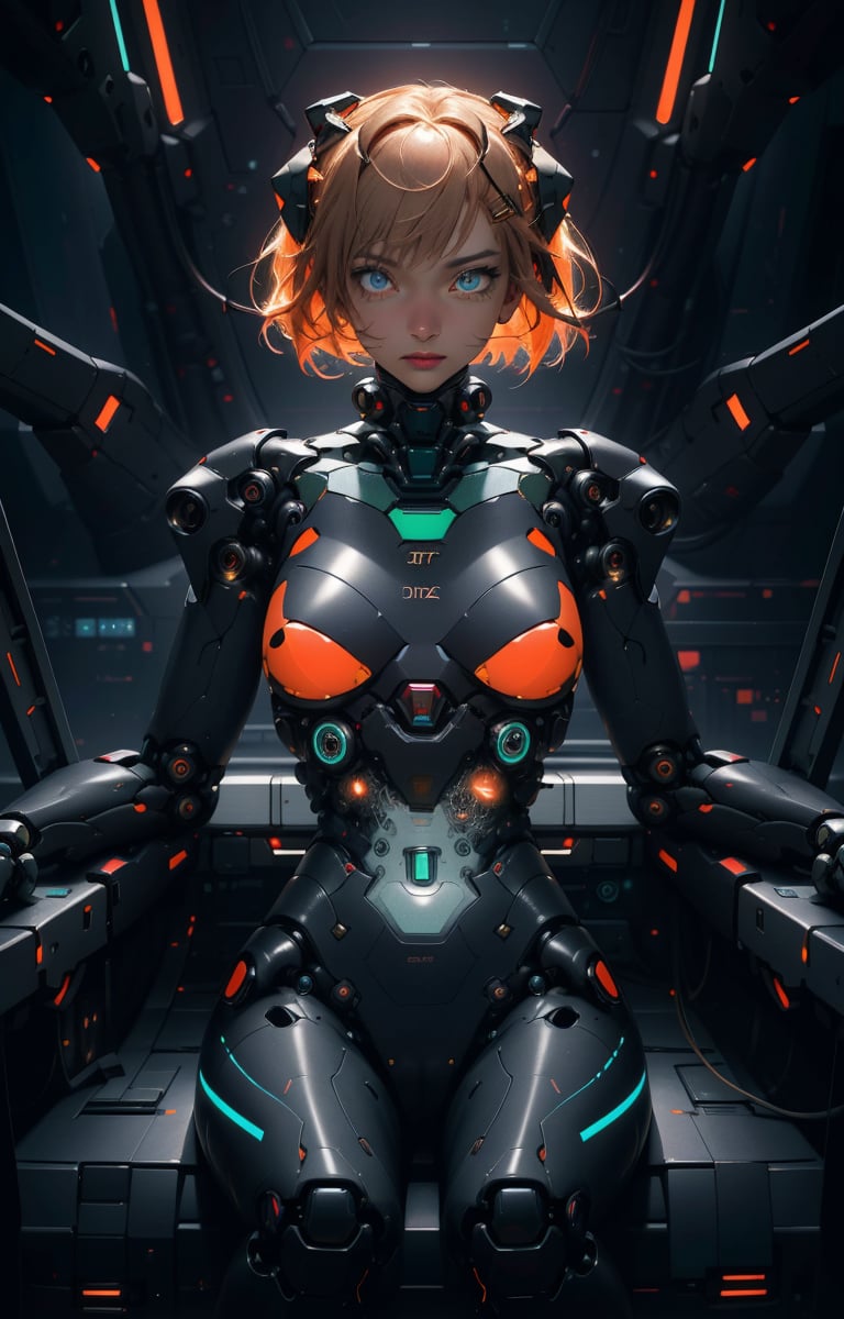 (Ultra High Resolution, Highest Quality, Reality), Futuristic, Mechanical, High Tech, Black and White Grey, Orange hair, Metallic, Streamlined, Complex Structure, Exquisite Details, Geometric Shapes, Neon Colors, Electronic Sounds, Female Pilot Sitting in Organic Cockpit, Cockpit, Digital Elements, Holographic Instruments, Abstract Graphics, Web, Data Interaction, Virtual Reality (Glowing Skin), (Highly Exquisite Skin with Visible Pores), (Luxurious Decoration: 1.2), (Colored Eyes: 1.3), Cute. Beautiful Face. Masterpiece, Exquisite Details, Attention to Detail, Surrealism, Random Angles, Dynamic Poses, Award Winning Portraits, Realistic Design for Photo Quality, Complex Composition, NDP, plugsuit, asuka plugsuit, 