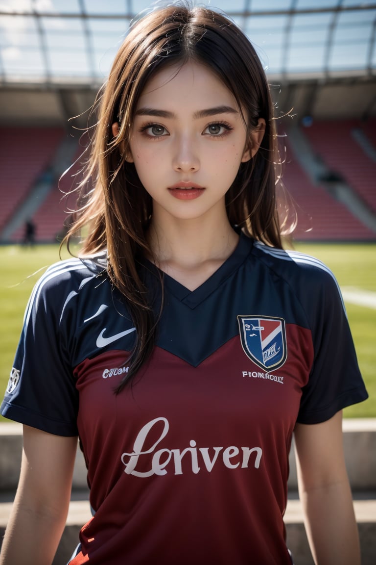 (RAW Photo, Best Quality), (Realistic, Photorealistic: 1.3), Best Quality, Masterpiece, Beautiful, 16K, (HDR: 1.4), High Contrast, (Vivid Colors: 1.4), (Medium, Dim) Colors, Muted Tones, Cinematic Lighting, Soccer Uniforms, Soccer Stadium, Soccer Players, Ambient Light, Exquisite Details and Textures, Cinematic Shot, Warm Tones, (Bright and Intense: 1.2), Horizontal French Twist Hair, Young Woman with Confidence and Style, Great Port, Great for Rate, Great Composition, Great Drawing. Happy in Heart