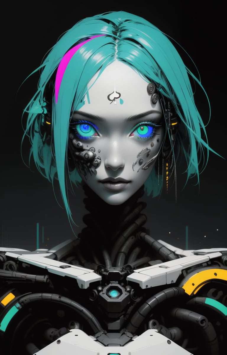 (Ultra-high resolution, highest quality, reality), futuristic, mechanical, high-tech, black and white grey, metallic, streamlined, complex structure, exquisite details, geometric shapes, neon colors, electronic sounds, digital elements, abstract graphics, web, data interaction, virtual reality (glowing skin), (highly detailed skin with visible pores), (luxurious decoration: 1.2), (colored eyes: 1.3), pretty. beautiful face. masterpiece, exquisite details, attention to detail, surrealism, award-winning portrait, realistic design for photo quality, intricate composition,NDP