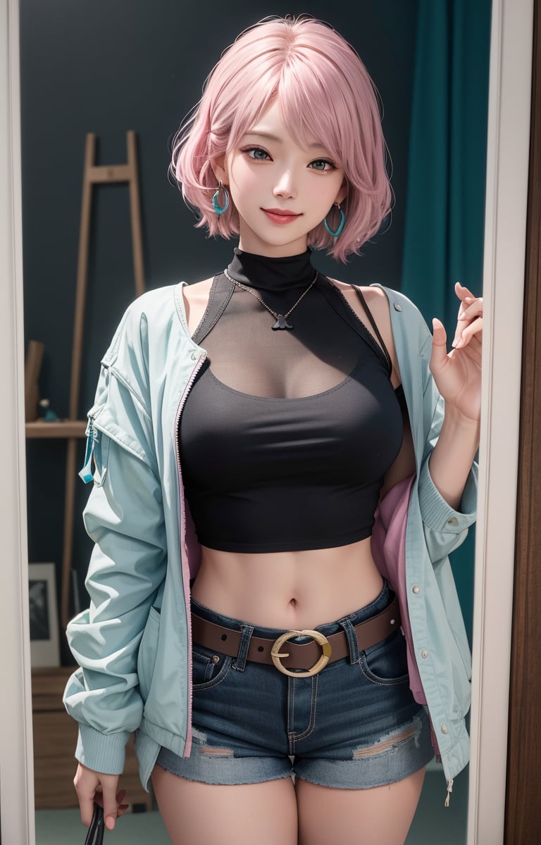 (masterpiece, raw photo, realistic, one girl, solo, real,) :1.4), plano general, whole body, Young age girl, kpop girl with faded cut dark pink hair and white earring in right ear, open jacket with dark blue shirts, Nice smile, ripped black shorts and a big buckled belt, painting background, pop star, He has a messy pink emo hairstyle. He has a normal Putt Putt Troll appearance overall.., (Pink and dark glass broken glass mirror background) , cyan colors, magenta, yellow green, violet,CyberBlueMoon,鄰家女孩,女孩