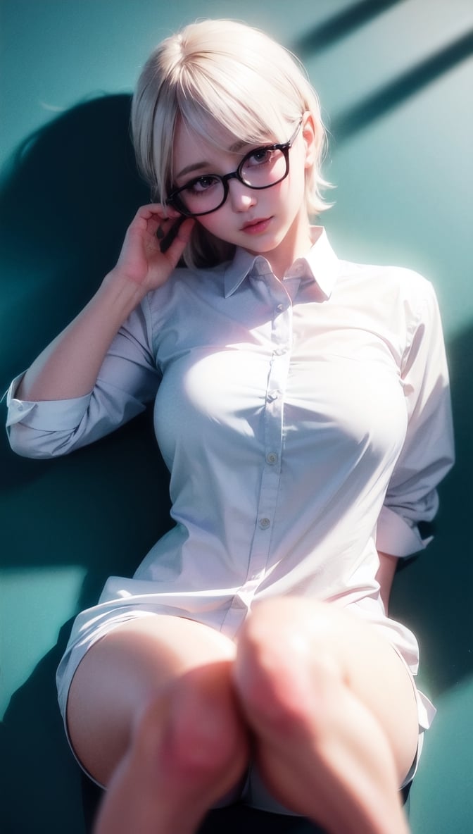 sweet expression, Lying, white glasses, blue dark short hair, (8k, RAW photo, realistic:1.25) ,( lip gloss, eyelash, shiny face, shiny skin, highest quality, ultra high resolution , Depth of the bounds written, chromatic aberration, caustics, wide light, natural shadow, K-POPアイドル) Gazing at the viewer with a calm and goddess-like blissful expression, whole body, big breasts, black stockings, white shirt, secretary、smile、(full shot:1.8)