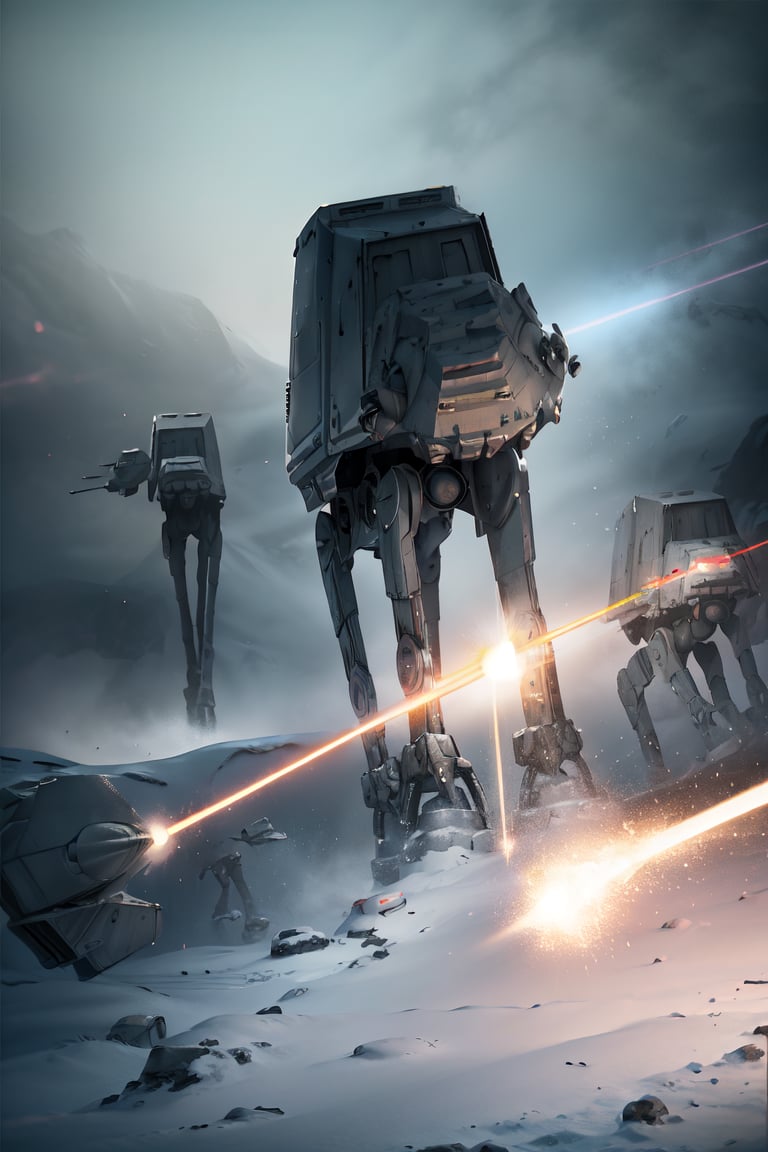 ((1 male)), AT-AT Walker, whole body, 3D figure, AT-AT, natural light, realistic image quality, dynamic pose, flying (laser beams:1.4), tracer bullets, snow smoke, video lighting, perfect composition, super detail, official art, masterpiece , best quality, reflections, each high resolution CG Unity 8K wallpaper, detailed background, masterpiece, photorealistic, random angle, snow field, ice planet, HOTH, full body, Star Wars,