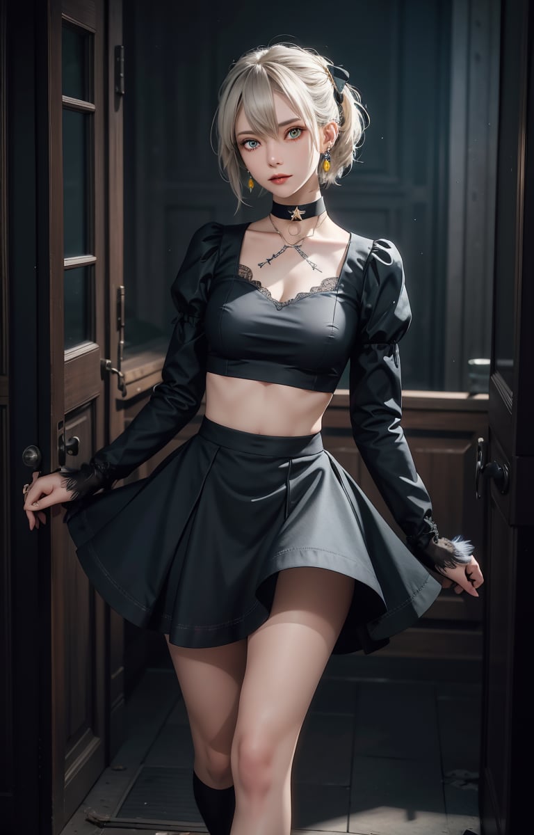 (masterpiece, best quality, one girl, solo, exquisite details, chromatic aberration, realistic,) :1.4), yellow eyes, earrings, piercing eyes, choker, neon shirt, Gothic costume, Gothic and Lolita, crop top, (symmetrical eyes), (perfect symmetrical body), live house entrance, looking at the viewer, 2b, beautiful legs, school uniform, cyber blue moon, lvdress