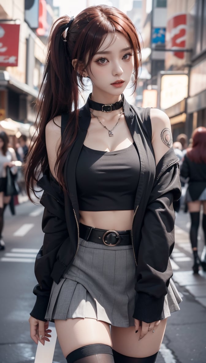 1 girl, solo, chest, looking at viewer, skirt, thigh-high socks, belly button, twintails, jewelry, red hair, jacket, red hair, multicolored hair, pleated skirt, earrings, outdoor, abdomen, belt, black thigh-highs, necklace , manicure, collar, open jacket, striped hair, black jacket, tattoo, chain, garter strap, earrings, ring, ear piercing, black nails, realistic, leather,a photo of snha woman