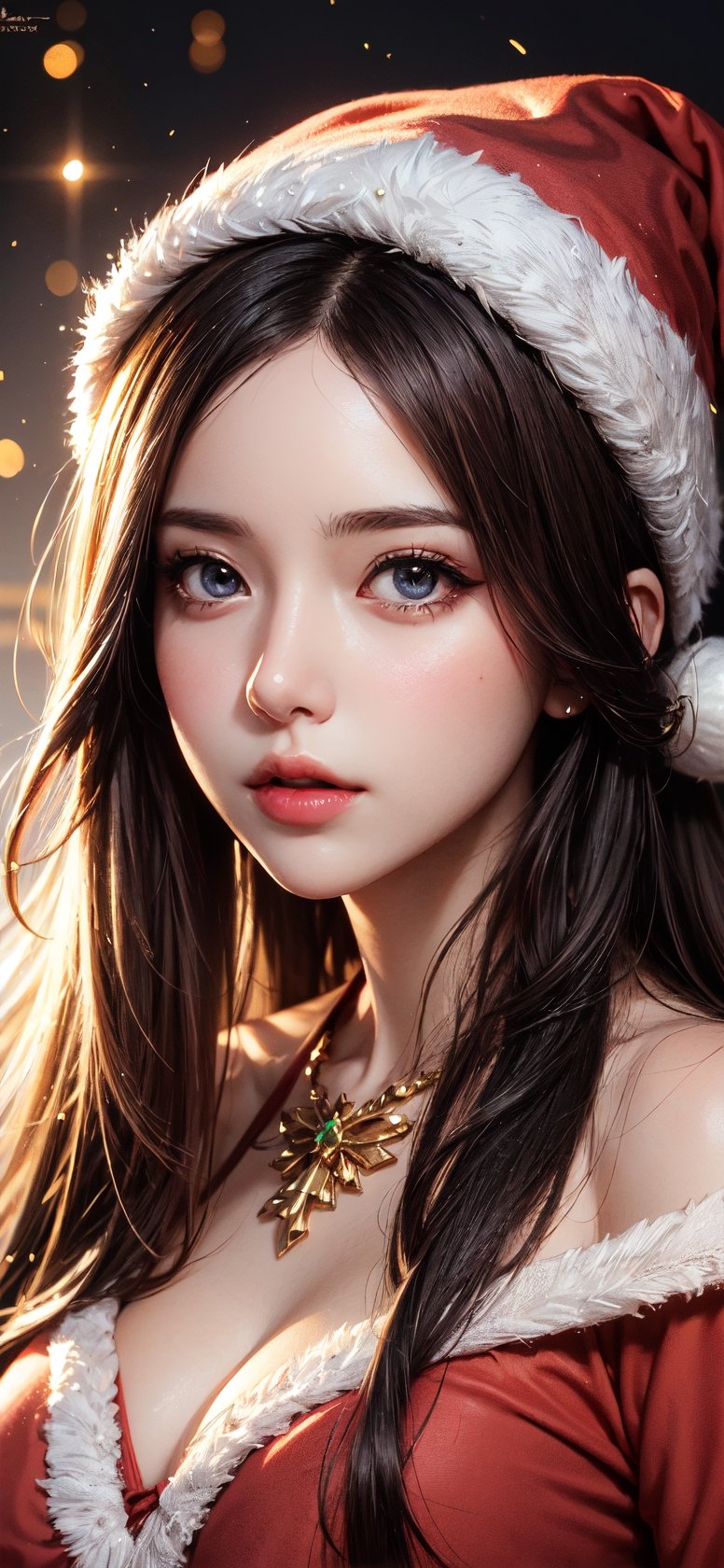 One girl, Santa Claus costume, fun, hopeful, close-up portrait, complex, elegant, volumetric lighting, landscape, digital painting, highly detailed, art station, sharp focus, illustration, concept art