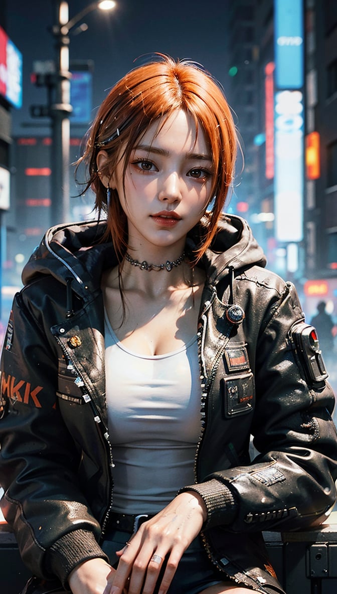 ((Top Quality)), ((Excellent)), (Highly Detailed: 1.3), 3D, Beautiful (Cyberpunk: 1.3) A hacker woman with orange and black dyed hair, wearing white clothing and looking into the camera
