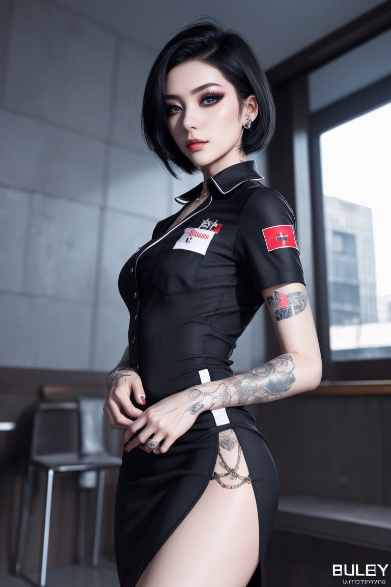 Quality, 8K, 32K, Masterpiece: 1.3), Ultra-detailed, (Photorealistic: 1.4), Caucasian, Albino, Punk girl, Detailed eyes, Upper body, Asymmetrical black hair, Gorgeous punk hair,nurse,  breast pocket, collared dress, short dress, short sleeves, thighs, white dress,
, Edgy punk fashion, Avant-garde makeup, Multiple piercings, Tattoos, City background, Backlight effect, Shallow depth of field, Blurred background, Ada Wong, Beautiful legs