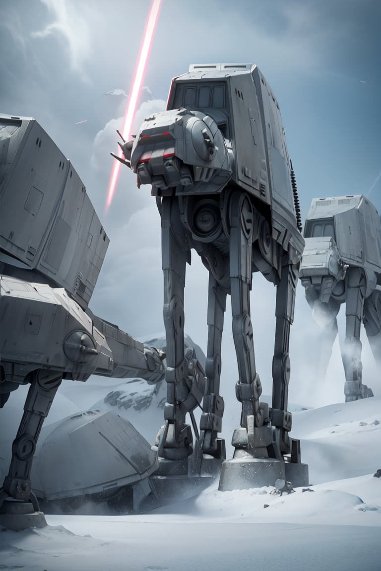 ((1 male)), AT-AT Walker, whole body, 3D figure, AT-AT, natural light, realistic image quality, dynamic pose, flying laser beams, tracer bullets, in battle, attacking, satellite laser, laser beam from the sky, snow smoke, Video lighting, perfect composition, super detail, official art, masterpiece, top quality, reflection, each high resolution CG Unity 8K wallpaper, detailed background, masterpiece, photorealistic, random angle, snow field, ice planet, HOTH, full body ,Star Wars,