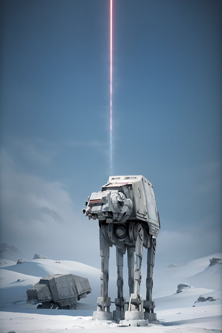 ((1 male)), AT-AT Walker, whole body, 3D figure, AT-AT, natural light, realistic image quality, dynamic pose, flying laser beams, tracer bullets, in battle, attacking, satellite laser, laser beam from the sky, snow smoke, Video lighting, perfect composition, super detail, official art, masterpiece, top quality, reflection, each high resolution CG Unity 8K wallpaper, detailed background, masterpiece, photorealistic, random angle, snow field, ice planet, HOTH, full body ,Star Wars,