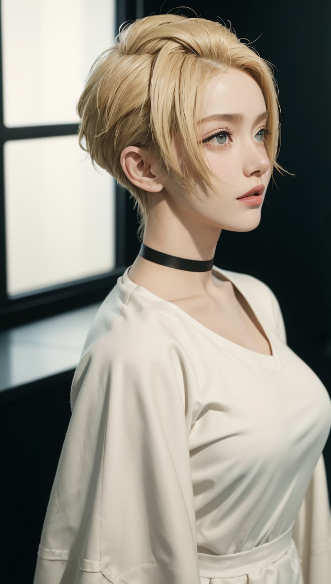 20 year old female, 1 girl, blonde hair, (High Top Fade: 1.3), asymmetrical hairstyle, dark theme, cyborg, mecha arm, tube, muted tones, muted colors, high contrast, (natural skin texture, hyperrealism, soft light, sharp), girl, big breasts, white dress, about to kiss, from the side, looking at viewer, looking away, earrings, choker, YoRHa Type A No. 2