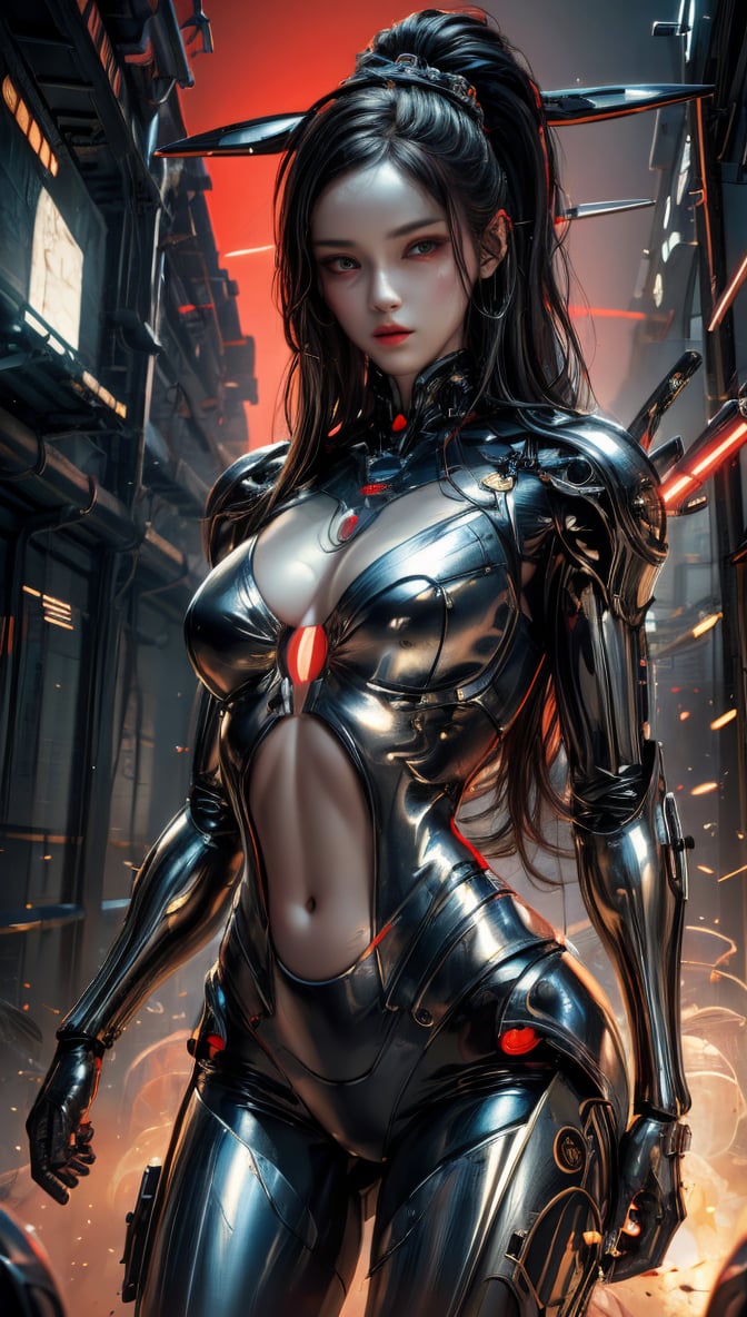 (hyper-realistic), (illustration), (high resolution), (8K), (extremely detailed), (best illustration), Cyborg feminine hare, kawaii cyborg rabbit, high detailed face, beautiful body, glowing hair, looking at the camera, breeze, neon strings, chaotic wiring/cables, scifi, futuristic, highly detailed, cinematic, cyberpunk, highly detailed and intricate, rich deep colors. sf, raphael, caravaggio, greg rutkowski, beeple, beksinski, red background、masterpiece, best quality,sf,girl,cyborg 