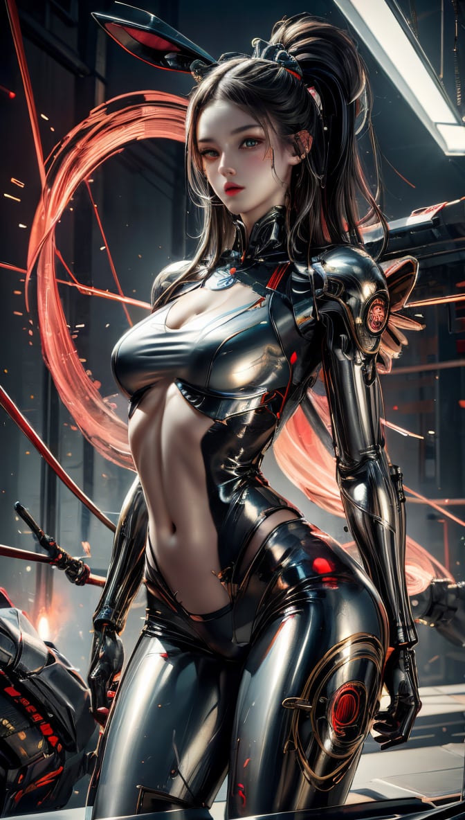 (hyper-realistic), (illustration), (high resolution), (8K), (extremely detailed), (best illustration), Cyborg feminine hare, kawaii cyborg rabbit, high detailed face, beautiful body, glowing hair, looking at the camera, breeze, neon strings, chaotic wiring/cables, scifi, futuristic, highly detailed, cinematic, cyberpunk, highly detailed and intricate, rich deep colors. sf, raphael, caravaggio, greg rutkowski, beeple, beksinski, red background、masterpiece, best quality,sf,girl,cyborg 