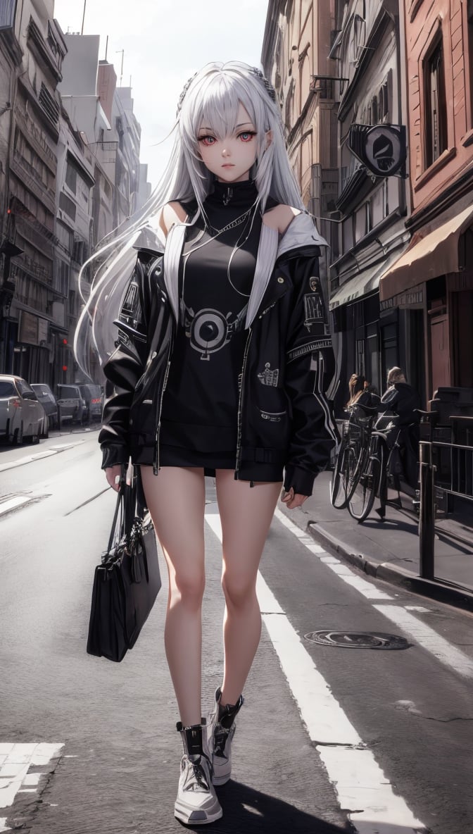 best quality, 4K wallpaper, masterpiece, extremely detailed CG unity 8k wallpaper, extremely detailed eyes, ultra-detailed, intricate details, 1girl, solo, red eyes, silver hair, long hair, TheEmpireStyle, white, jewelry,  looking at viewer, full body, road sign, street park, street, Cyberpunk city,  TheEmpireStyle,semirealistic