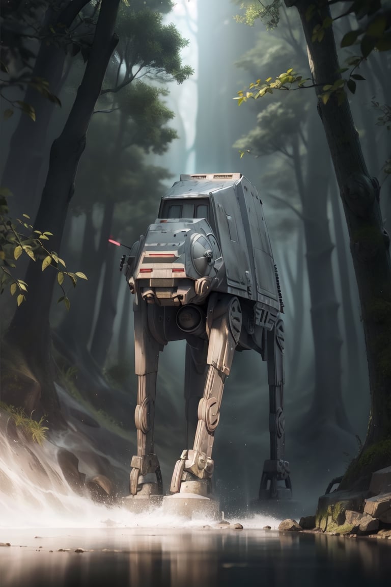 ((1 male)), AT-AT Walker, whole body, 3D figure, AT-AT, natural light, real image quality, dynamic pose, video lighting, perfect composition, super detail, official art, masterpiece, highest quality, reflection, Each high-resolution CG Unity 8K wallpaper, detailed background, masterpiece, photorealistic, random angle, forest planet, Endor, jungle, full body, Star Wars,