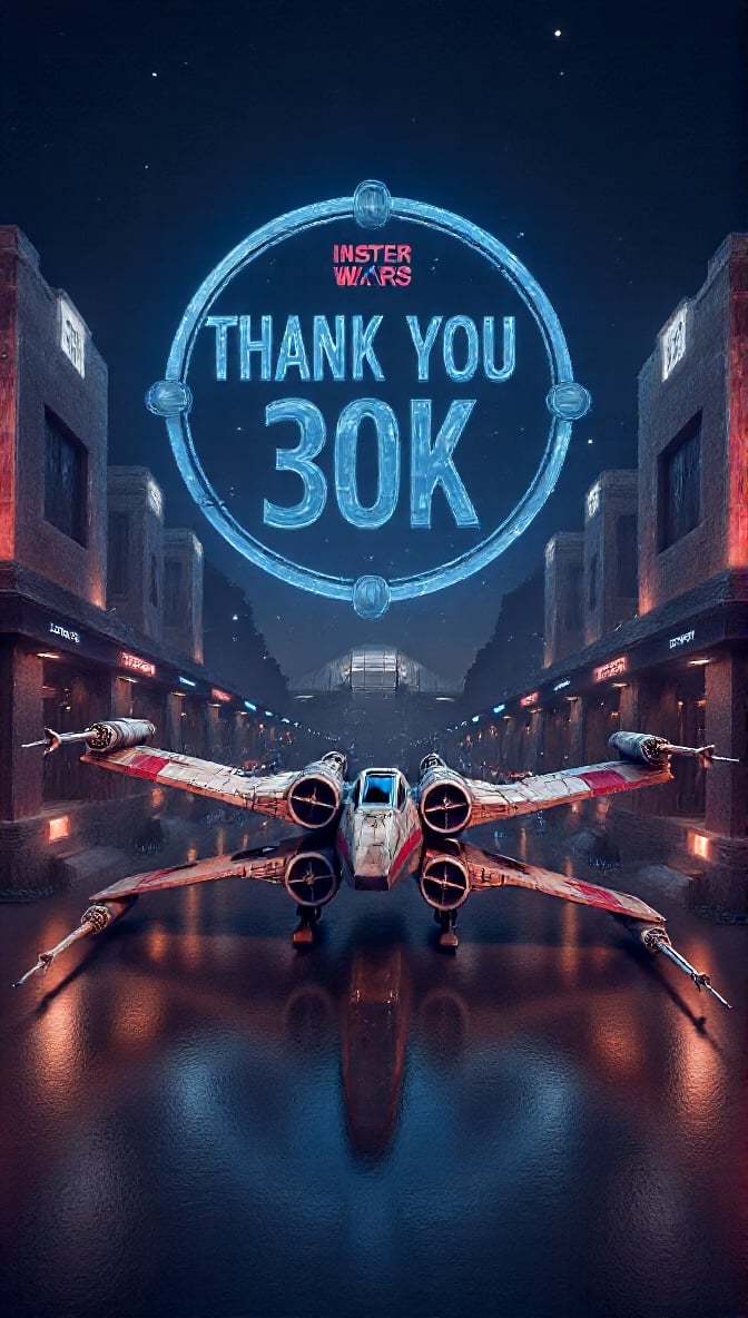 Realistic, striking art models, holographic displays, the words "Thank You 30k" appearing in bold and prominent letters, the facades of buildings in the Star Wars universe lit up with vibrant neon lights, xwingflux, an X-wing starfighter parked on an airport landing pad,