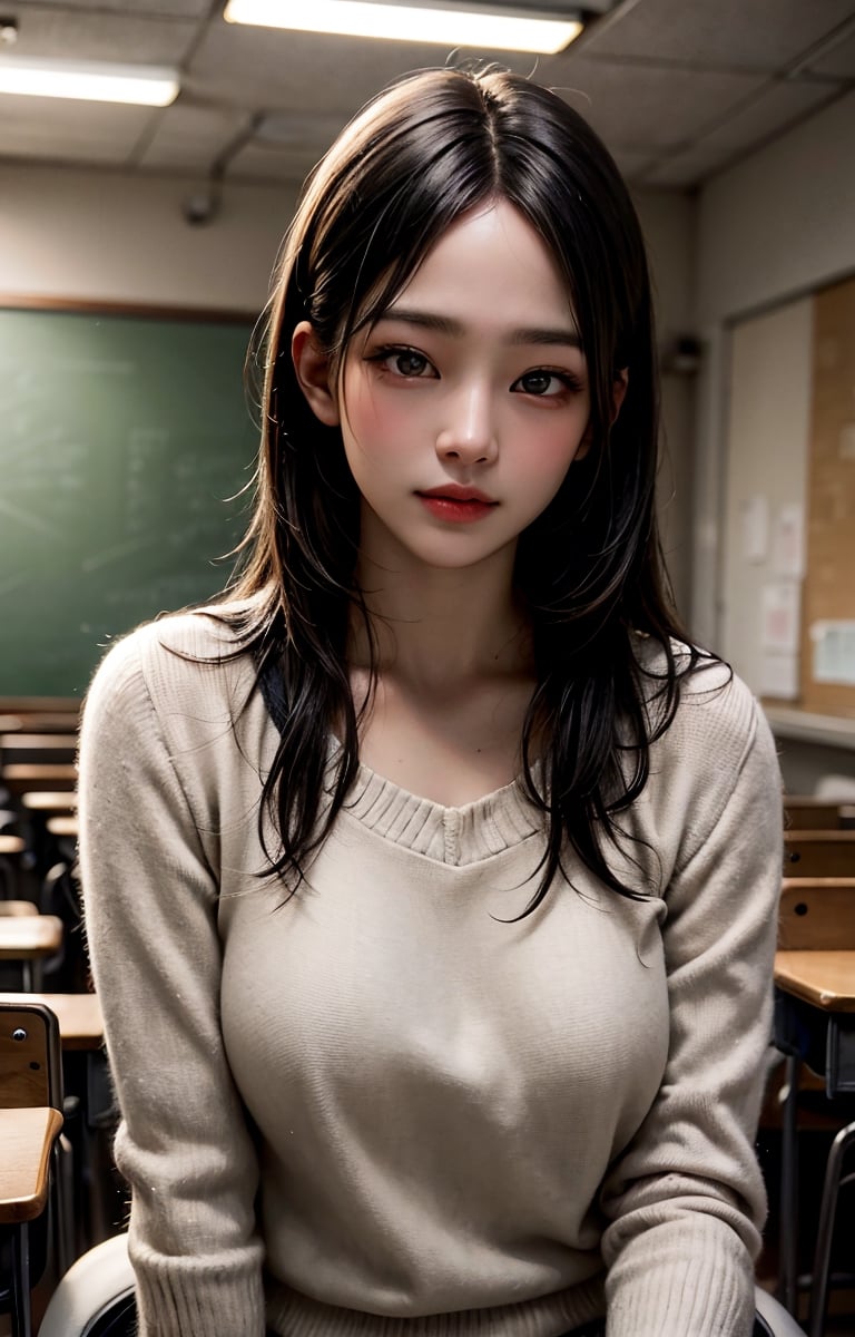 Realistic black eyes, white skin, medium length black hair, perfect face, perfect eyes, (sad smile: 0.7), oversized school sweater, beautiful girl, school classroom, highly detailed, comprehensive Movie, Digital Painting, 8K, Cinematic Lighting, Top Quality, High Definition, Amazing Works, Post Processing, Perfect Results, Surreal, Minge